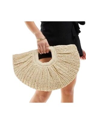 Ramla Woven Crescent Crochet Natural Raffia Vacation Beach Bag Natural - NWOT